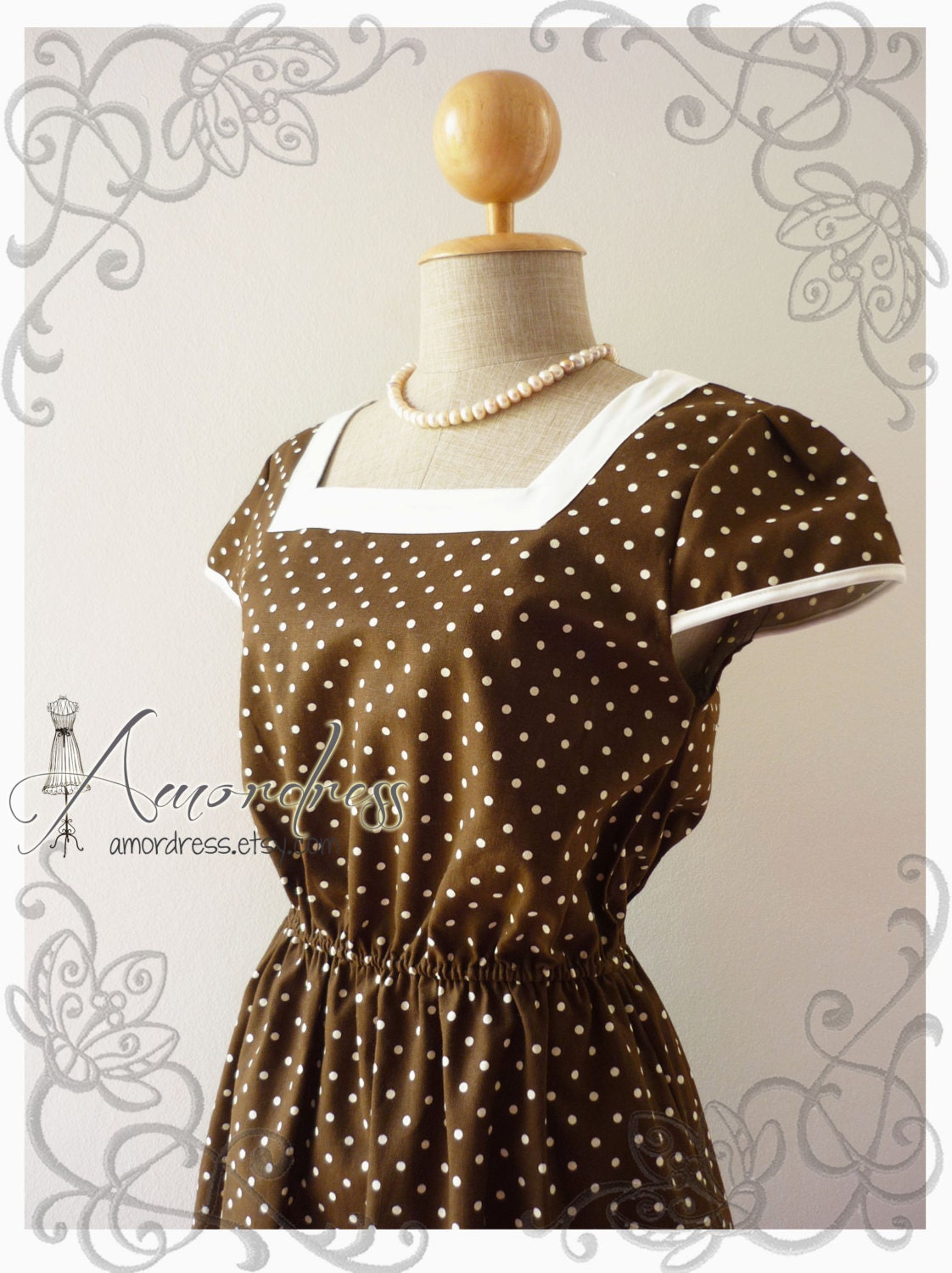 Brown Polka Dot Dress Tea Party Garden Cocktail Dress Timeless Vintage Inspired Sleeve Dress Wedding Party Dress -Size M-
