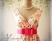Peach Pink Floral Dress High Waisted Vintage Inspired Dress Cocktail Garden Dress Tea Party Dresses -S-M-