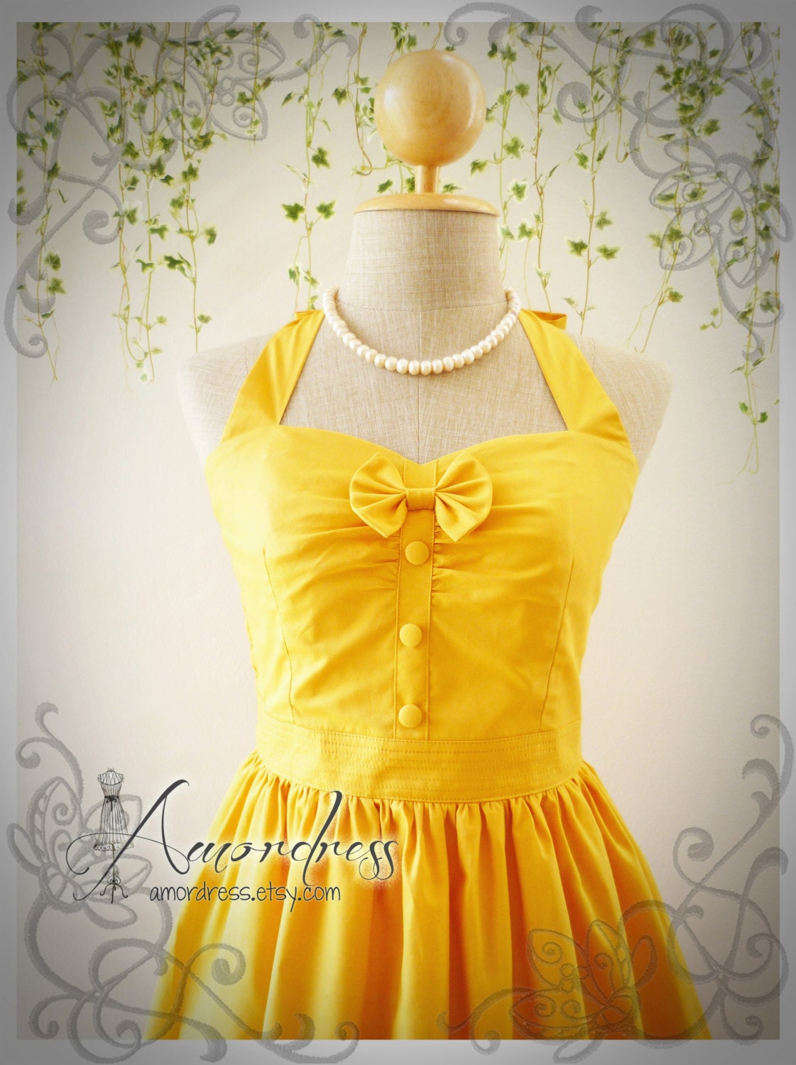 The Goddess Yellow Dress Mustard Dress Vintage Inspired Party Dress Tea Party Garden Dress Bridesmaid Wedding Bridal Dress -Size S-M-