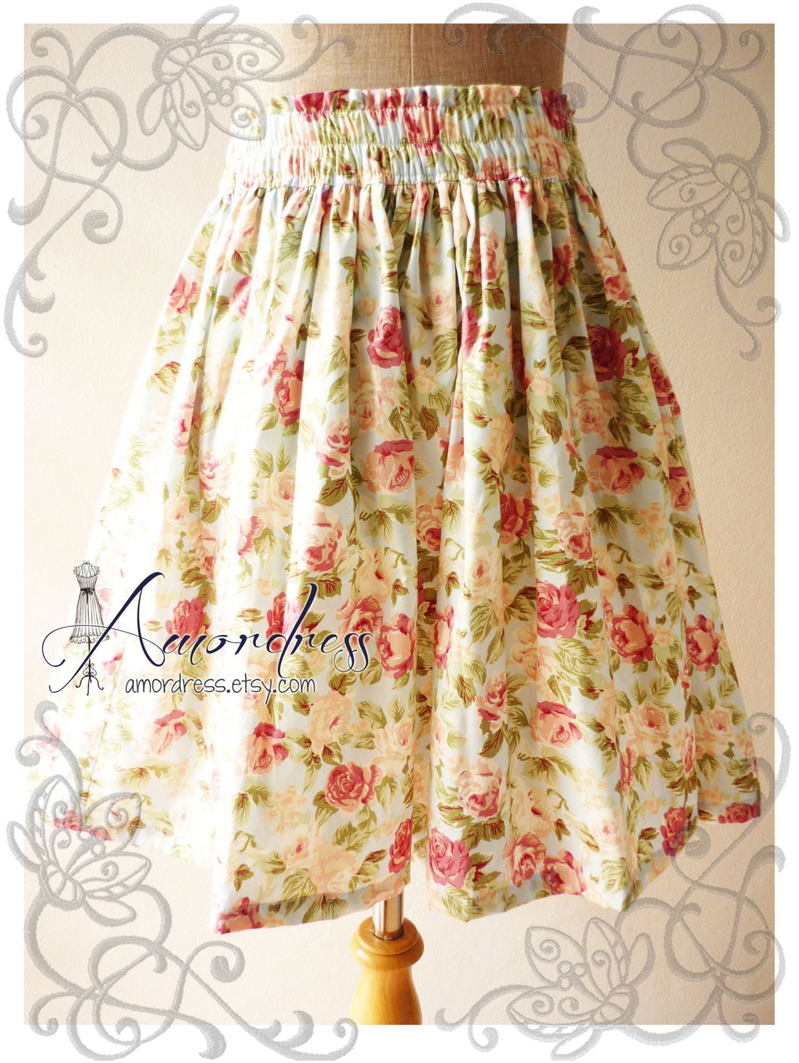 Floral Skirt Vintage Inspired Shabby Chic Skirt Blue with Pink Flower Sweet Skirt -Size S-M-
