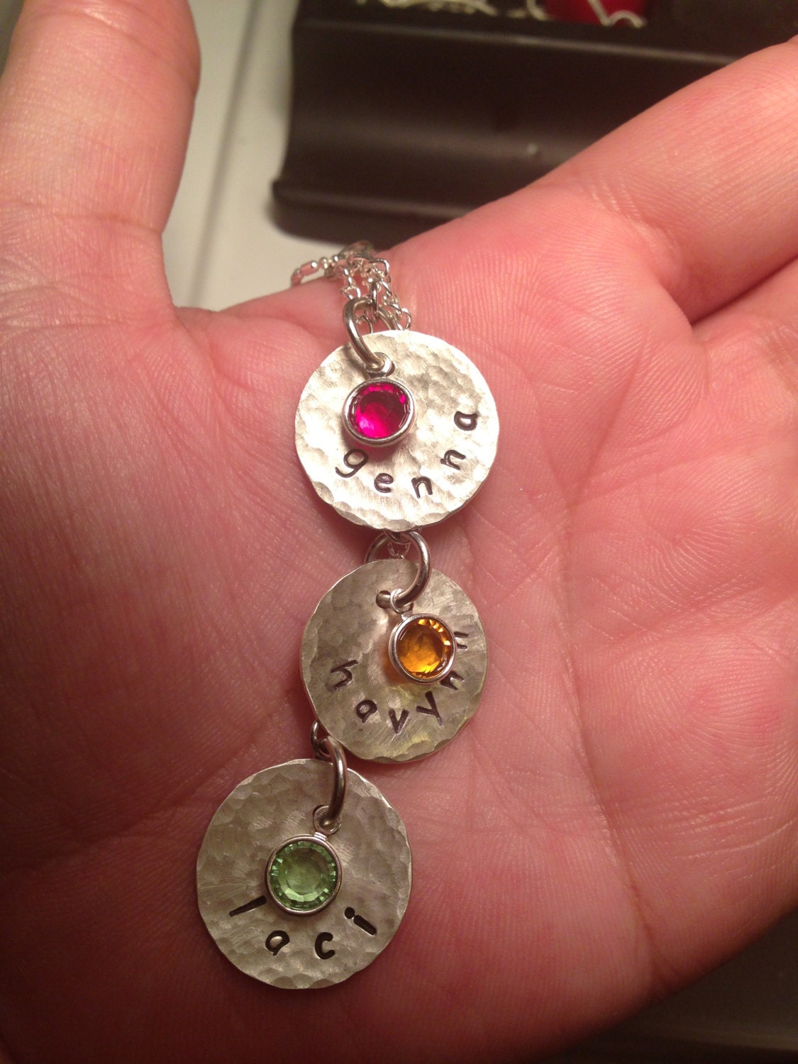 Mother's Necklace - Two (2) Hanging Charms with Swarovski Crystal and Hand Stamped Sterling SIlver Discs