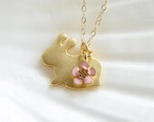 Matte Gold Bunny with Sakura Flower Necklace. Easter Gift. 14K GF Chain. Simple Modern Jewelry by Smallbluethings