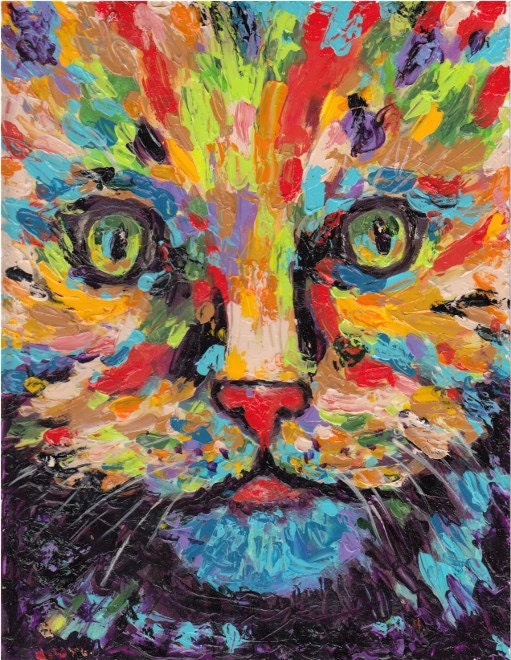 Abstract  Cat Portrait, Kids Room, Fun  Art - Original Acrylic  Impasto  Painting by ebsq Artist Ricky Martin - FREE SHIPPING