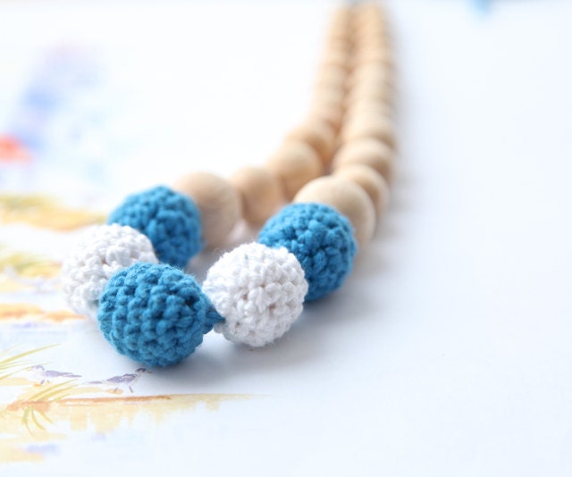 Blue and white nautical nursing necklace. Mammy and baby teething necklace. Girls crochet necklace.
