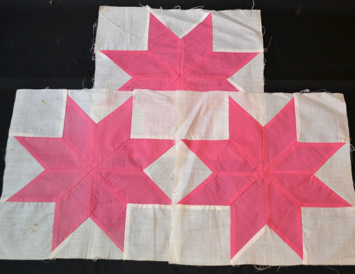 Vintage 8 Point Star Quilt Blocks Starter Hand Sewn Pieced Lot of 3 Pink White