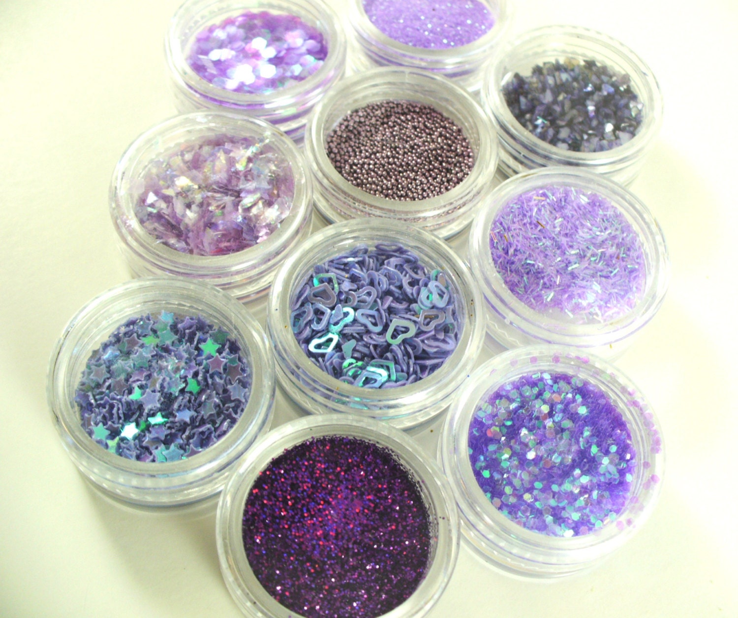 Nail Art Supplies Glitter Mini Pots in Purple set of 10 / Fine Glitter / Micro Beads  / Flakey / Crushed Shell / Slice / Heart - Sparklysharpfabulous