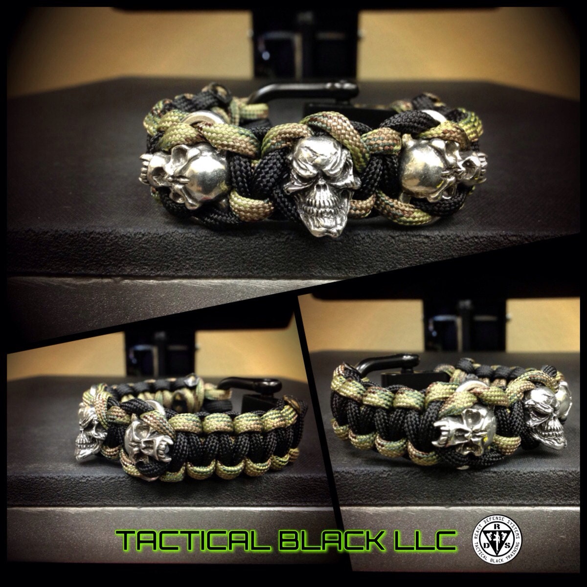 Paracord triple skull bracelet with adjustable shackle