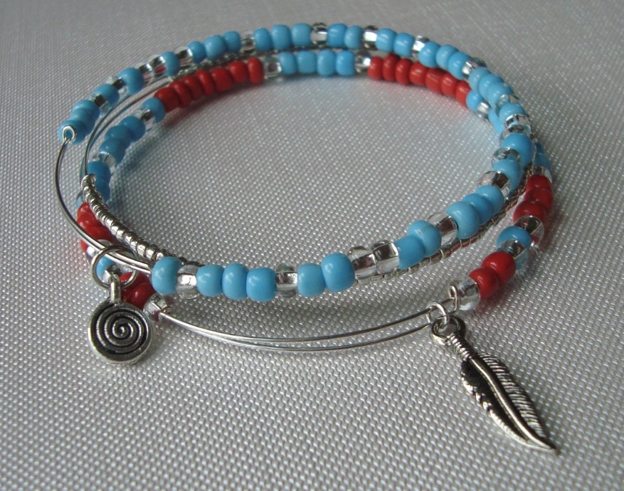 Expandable Bangle Set - Turquoise, Coral Red and Silver Charm Bracelet Set - 3 pcs - Feather Charm - Stackable - Alex and Ani Inspired