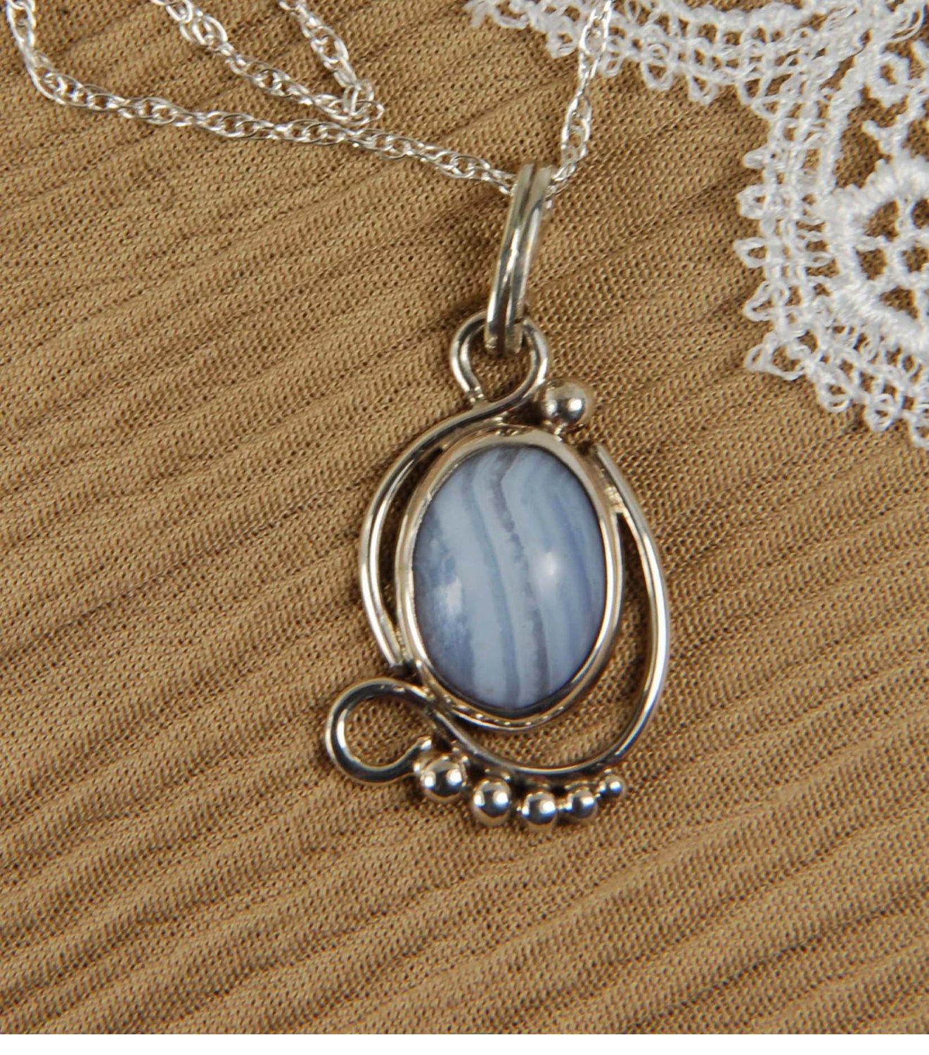 Blue Lace Agate Artisan Pendant in Sterling Silver, romantic gift ideas, gifts for her, gifts for him, Mother's Day gifts, summer jewelry