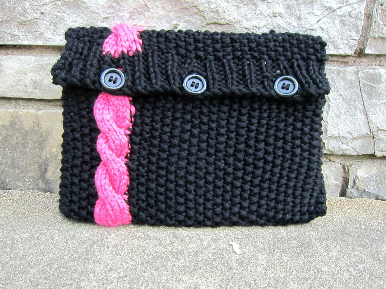 Knitted Laptop Sleeve Computer Cozy Electronic Case Black Pink Cable Knit With Buttons Gadget Accessories