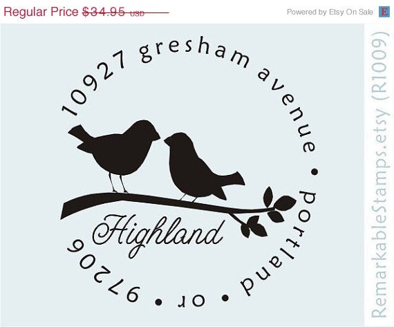 ON SALE Round Return Address Rubber Stamp - Love Bird Birds on Tree Branch - Custom Personalized Etsy Design (R1009)