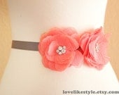 Jeweled Coral Chiffon Flower with Gray Grosgrain Sash , Bridal Sash, Bridesmaid Sash