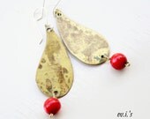 Red Coral Brass Paisley Teardrop Handcrafted Eco Friendly Oxidized Metalwork Chandelier Artisan Boho Dangle Drop Earrings Gift for Her