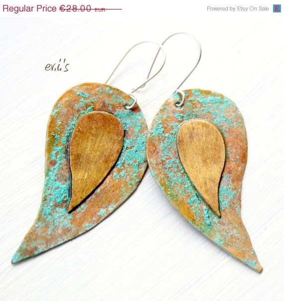 30% off Green Patina Brass Paisley Teardrop Handcrafted Eco Friendly Oxidized Metalwork Soldered Artisan Dangle Drop Earrings Gift for Her