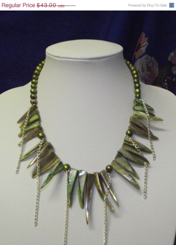 ON SALE Green Pearl  , Shell necklace With dagger Shell Beads Handmade Tribal Jewelry"Summer Rain"