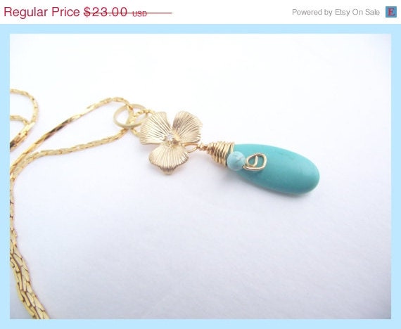 ON SALE Turquoise Drop Necklace, Single Drop, Golden Flower, Chain, Mothers Gift, Handmade by Lyrisgems