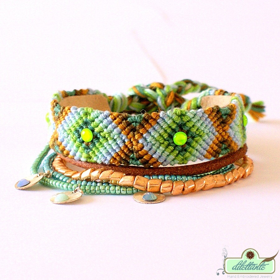 Bohemian Hippie Gypsy Bracelet- multiple rows in gold and turquise green- Swarovski Friendship Bracelet