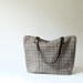 Linen Tote Bag Black Screen Print Grid Brown Leather Handles