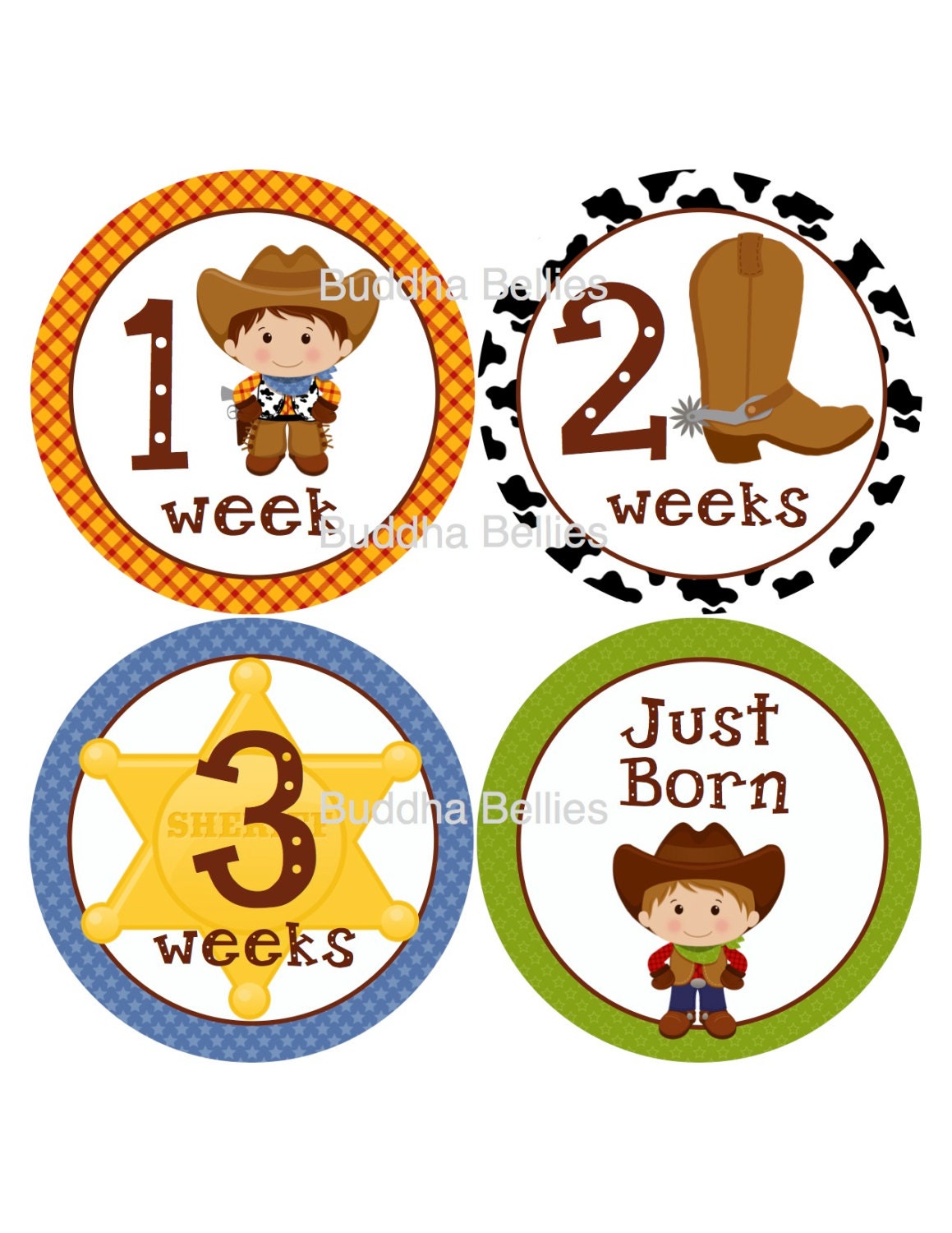 Cowboy Baby FIRST MONTH Stickers... Includes Just Born, Week 1, Week 2 and Week 3 Stickers...Baby Shower Gift for New Moms