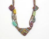 Knitted geometric necklace with bamboo beads, pastel colors, OOAK