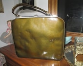 Classic 1950s Purse Olive Green Patent Leather Box Handbag Retro Pinup Rockabilly Mad Men Beautiful