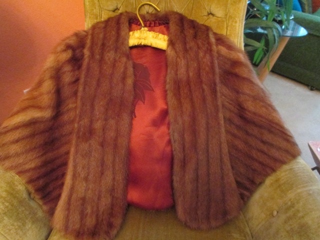 Vintage 1950s Honey Brown Mink Fur Stole Shrug Capelet Bolero Satin Lining Gorgeous Retro Pinup Mad Men