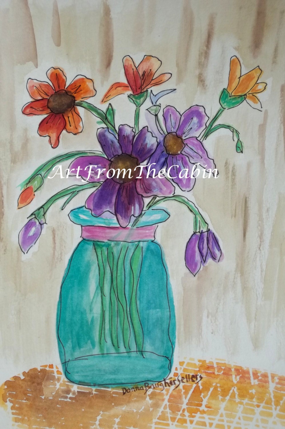 Original still life - Original watercolor - Floral watercolor - Original painting - Flowers in glass jar - Orange and Purple Delight
