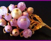 Vintage Brooch Pin Purple Glass Beads Flower Leaf Design BIG Gold Metal 3" VG