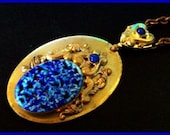 Vintage Victorian Pendant Necklace Blue Carved Oval Stone Bead Gold metal 2.5" VG