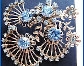 Vintage Blue Rhinestone Brooch Pin Wire Flower Design Silver Metal BIG 2 1/2" VG