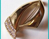 Vintage Art Deco Rhinestone Brooch Pin Gold plated metal designer jewelry 2 1/4" VG