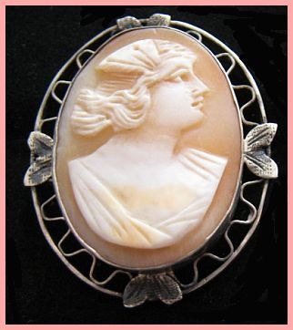 Vintage Cameo Brooch Pin Carved Shell Sterling Silver Victorian Lady C Clasp 1 1/4" VG