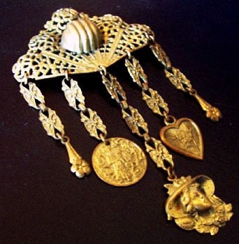 Vintage Dangle Brooch Pin Retro Victorian Charms Filigree Brass Metal 3 3/4" VG