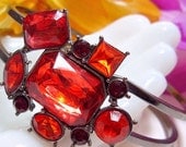 Vintage Clamper Bracelet Watermelon Red Orange Rhinestones Silver Metal 1 1/4" VG