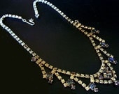 Vintage Rhinestone Necklace Jonquille Yellow & Smoke Princess Gold Metal Hook Tail 16" VG
