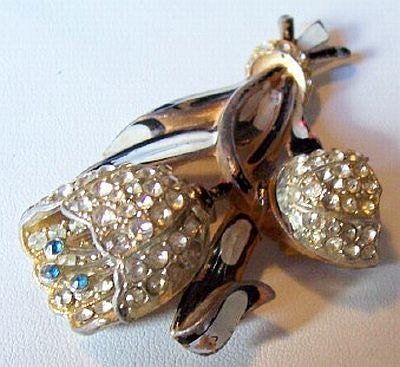Vintage Brooch Pin Black White Enamel Blue Clear Rhinestones Flower Design Art Deco 3" VG