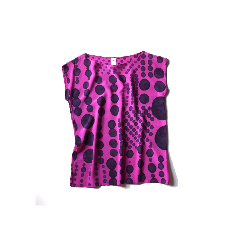 SALE // hand painted silk top. Patchwork Dots on Rasberry // ready to ship