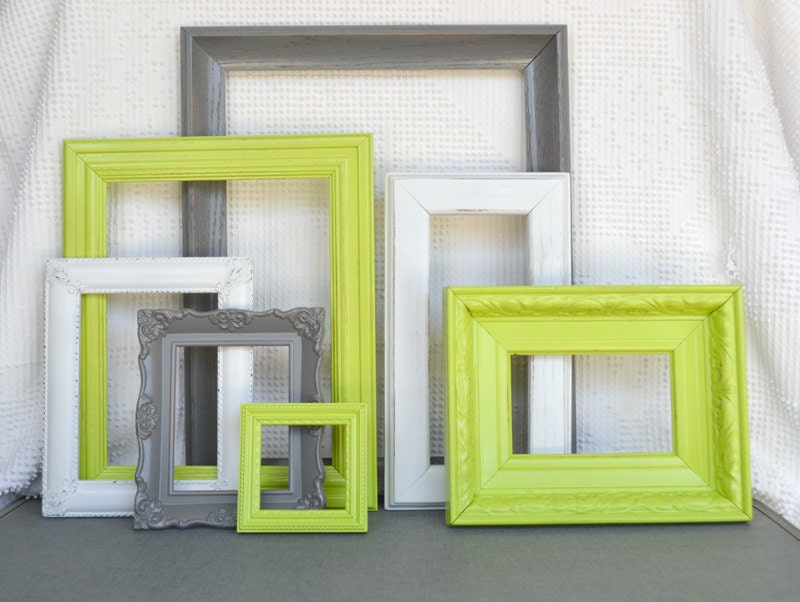 Lime Green, Grey Gray White Ornate Chunky Vintage Frames Set of 7 - Upcycled Frames Modern  Bedroom Decor