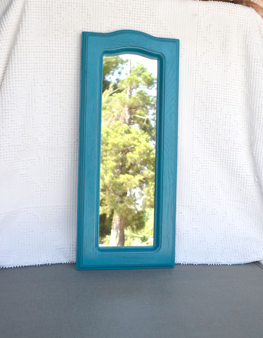 Large Wood Vintage Teal Turquoise Mirror  - Upcycled Wood Teal/Aqua Distressed Mirror Coastal Beach Home Decor Modern Teal Peacock Blue