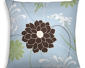 Light Blue Floral Pillow Cover,  18 inch Accent Pillow Cover,  Harvey Spa, Same Fabric Both Sides, Invisible Zipper,   green brown white