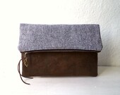 Vegan Clutch, handbag,  fold over clutch, FAUX LEATHER, faux suede in chocolate brown and flecked blue fabric, lightweight.
