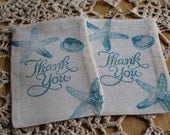 Set of 10 Hand stamped Seashell Thank You Ocean Beach Theme Wedding Birthday Bag Muslin Party Favor Bags Eco Friendly 100% organic