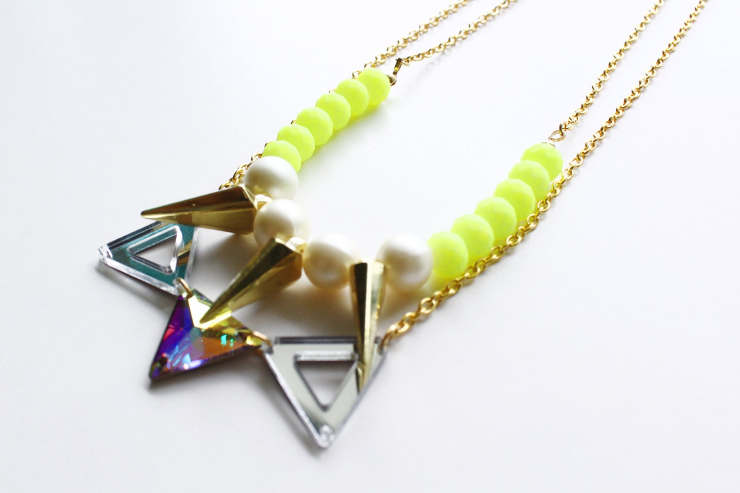 Dreamboat, neon yellow boho necklace with triangles pearl and crystal, multi layer, SS13, long, quirky, statement necklace, spacepunk, OOAK