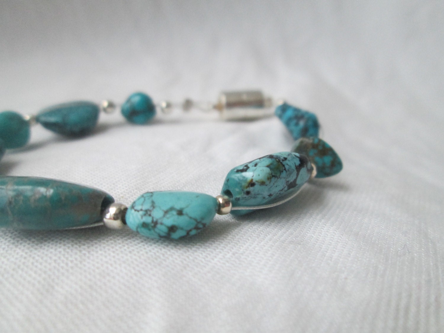 SALE: Turquoise & silver plated wire bracelet, magnetic clasp closure bracelet, wire wrapped bracelet