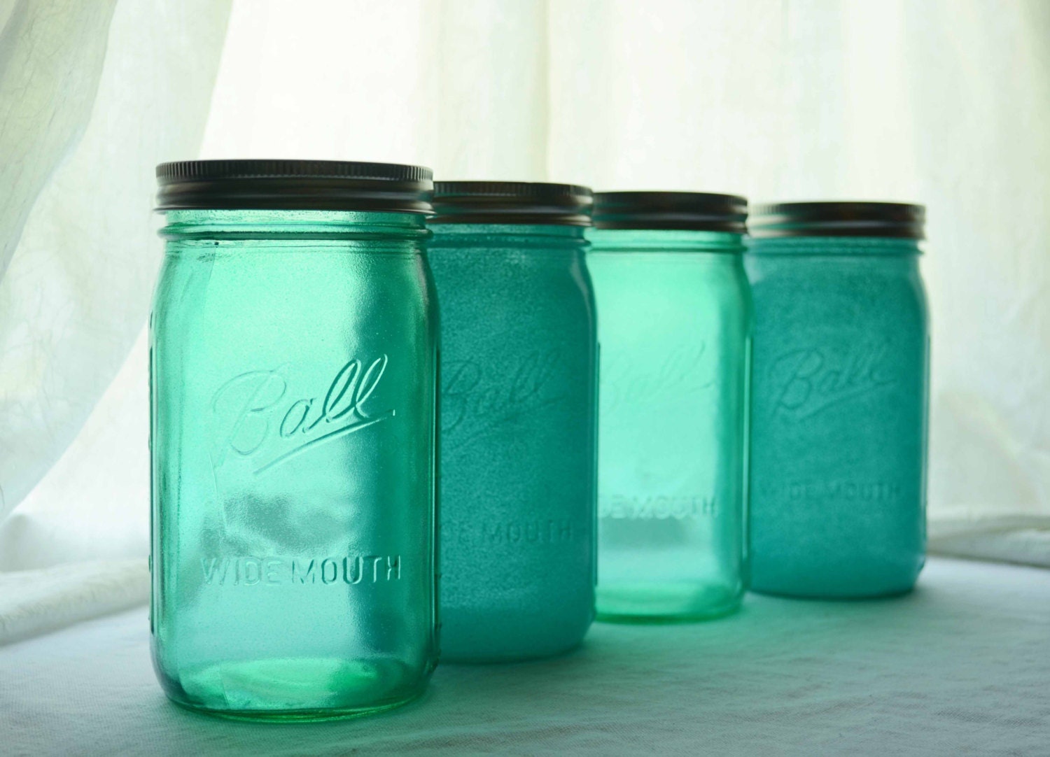 Stained Glass Wide Mouth Mason Quart Jars - Set of 4 - Sea Greens