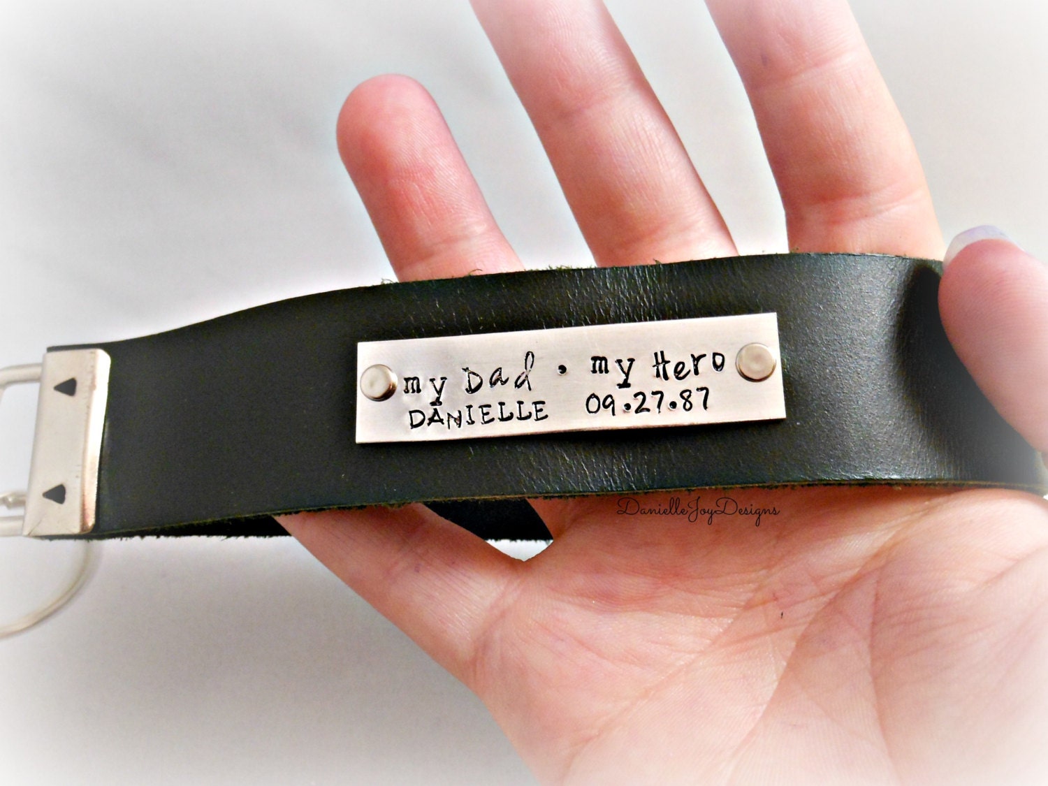 Hand Stamped Leather Lanyard Key Chain Personalized Mens My Dad My Hero Kids Custom