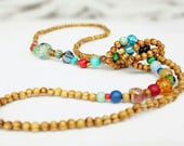 Long wooden bead necklace, knotted rope necklace, blue, green, turquoise, red, boho, funky