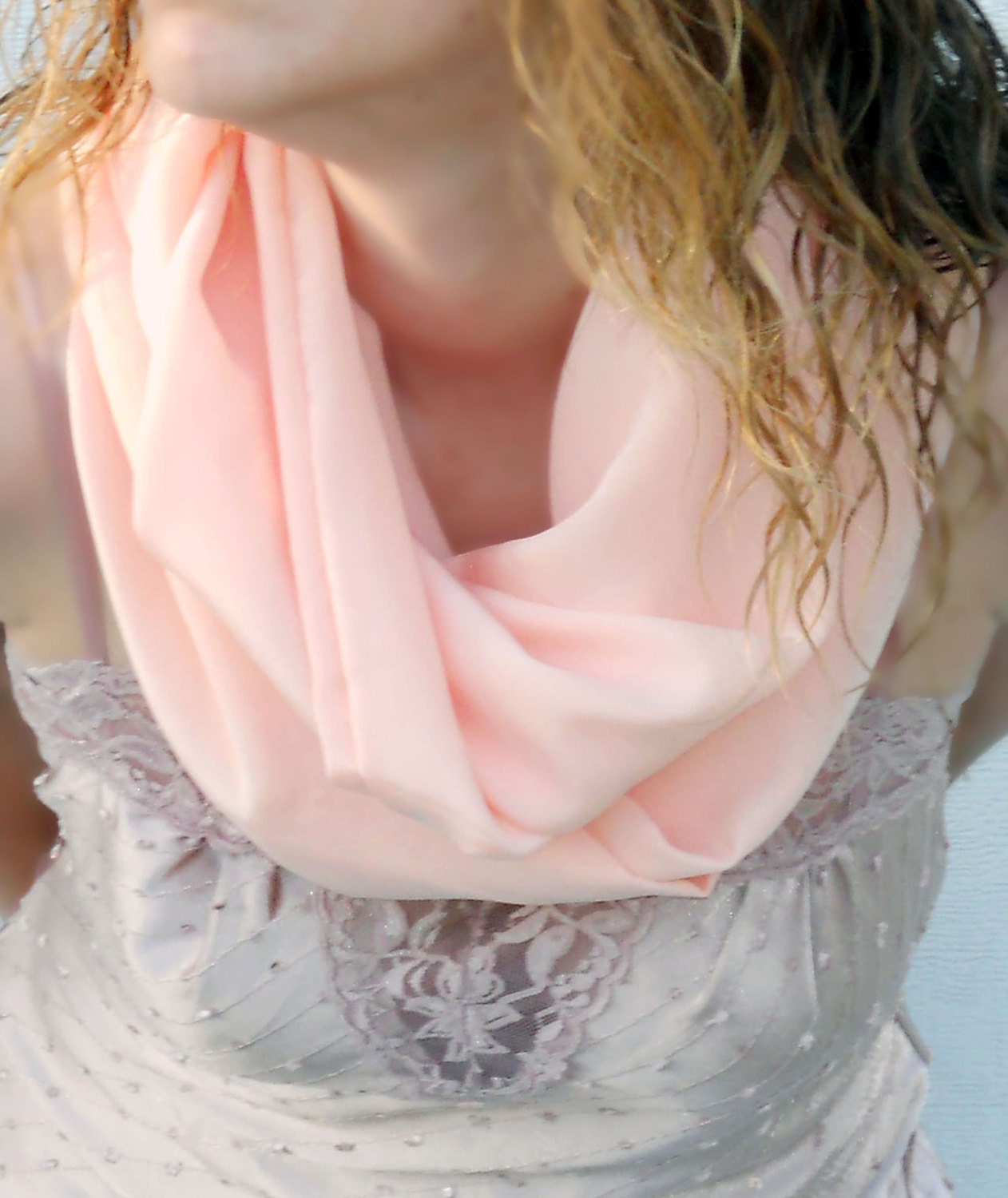 Spring infinity scarf, cowl, neck tie, summer fashion in peach