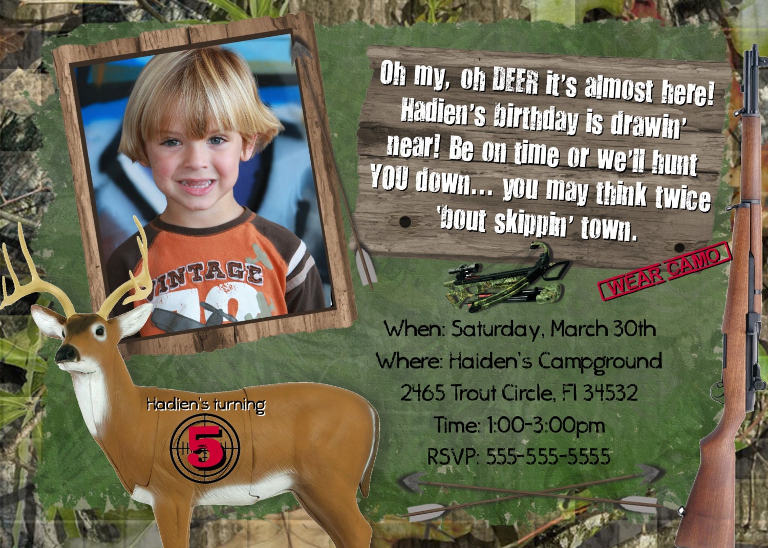 HUNTING Invitation PHOTO Boys Birthday Party Theme CAMO Camouflage Invite Personalized Custom card