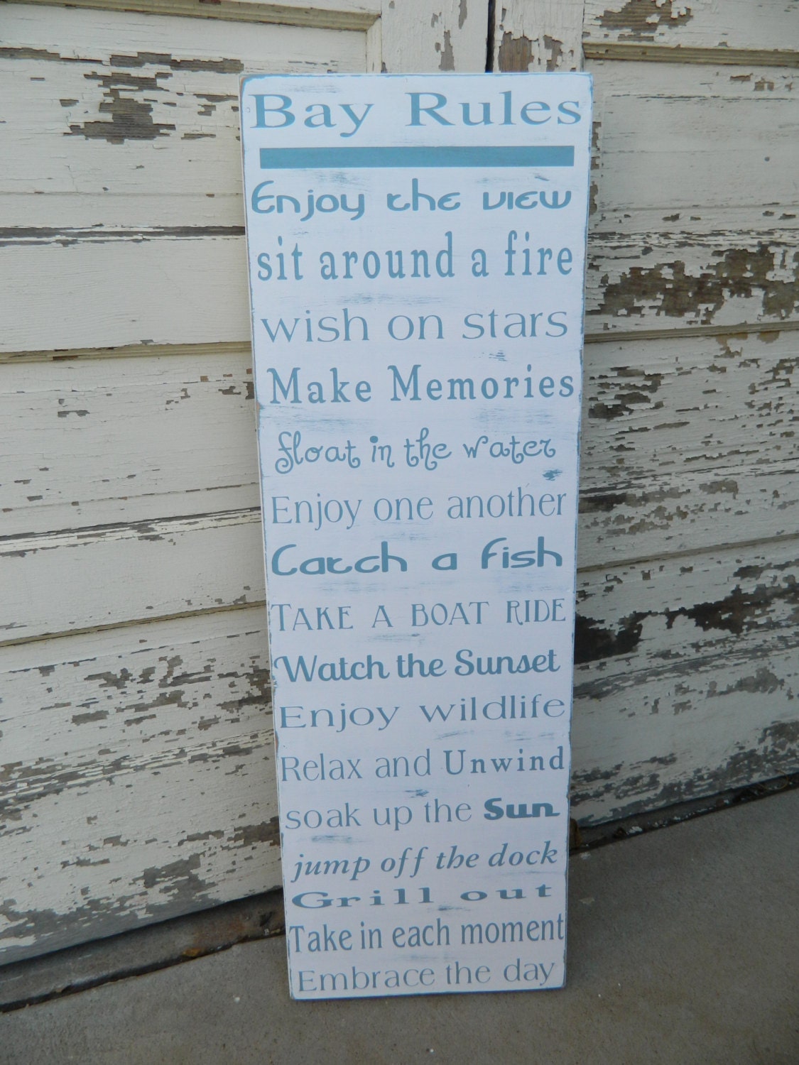 Lg Beach Rules, Bay Rules 12x36 handmade, beach house blue, distressed, cottage chic, lake, beach decor Personalized Sale Now 100.00